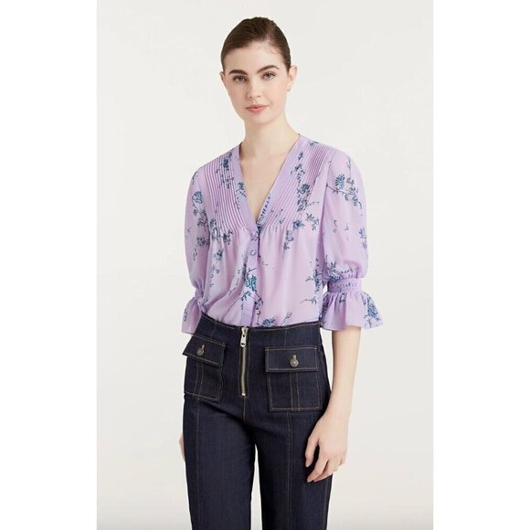 Cinq a Sept Jennings Floral Print Blouse Lilac Wine Multi Womens Size XS - Picture 1 of 13